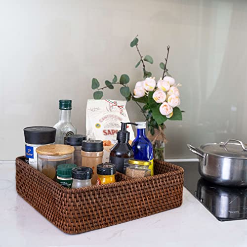 Rattan 3 Compartment Basket Divided Basket 12 X 12 X 3.5 In Wicker Square Storage Baskets For Shelves With Dividers Natural Organizer Baskets For Nightstand With Compartments (3-Divider, Dark Brown) #TOP3