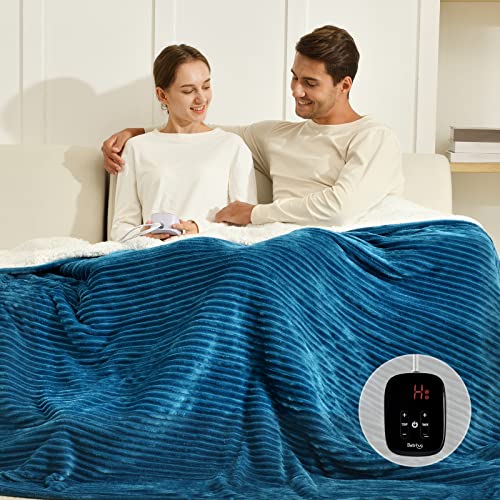 Image of Bearhug Electric Heated Blanket, 62 inchx84 inch Ribbed Flannel & Sherpa Fast Heating Blanket, 10 Heating Levels & 1-12H Auto Off, Over-Heat Protect, ETL, Machine Washable