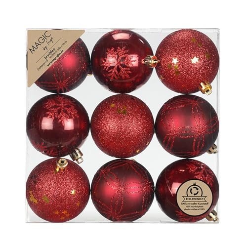 Inge-glas Weihnachtskugeln Kunststoff 6cm 9er Set - bruchsicher & mit Glitzer Muster - Christbaumkugeln für Weihnachtsbaum - Weihnachtsbaumkugeln & Christbaumschmuck Rot - Morello Cherry
