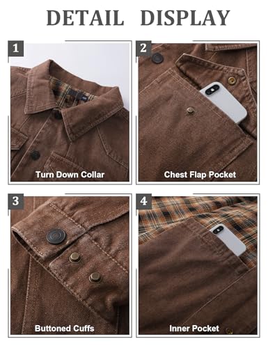 Image of PEHMEA Men's Lined Flannel Denim Stylish Cowboy Trucker Coat Snap Button Rugged Western Shirts Jackets(Brown-S)