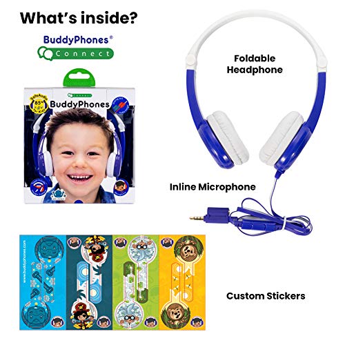ONANOFF BuddyPhones Connect, Volume-Limiting Kids Headphones, Foldable and Durable, Built-in Audio Sharing Cable with in-Line Mic, Best for Kindle, iPad, iPhone and Android Devices, Blue and Green