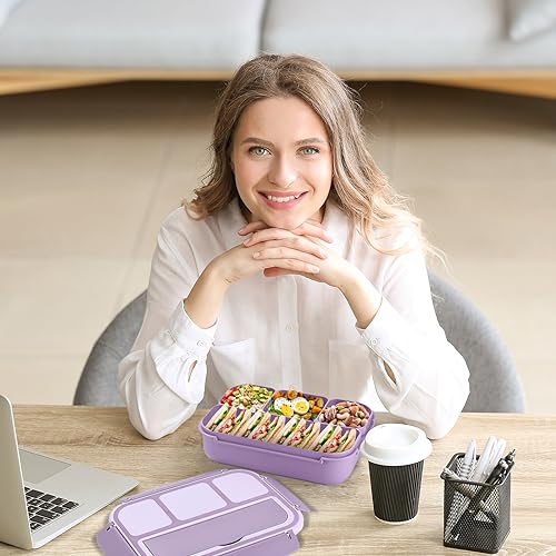 Image of Bento Box Adult Lunch Box, Lunch Containers for Kids Girls Boys with 4 Compartments, Lunchable Food Container with Utensils, Sauce Jar, Muffin Liners, 40 Oz /5 Cup, Microwave Safe, Lavender