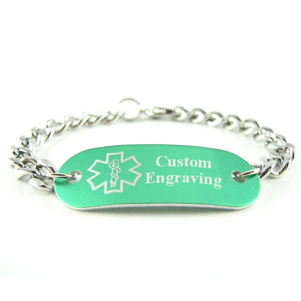 My Identity Doctor - Custom Engraved Medical ID Bracelet - Aluminum, Steel Curb Chain - Green - Wrist Size 7.5 Inch