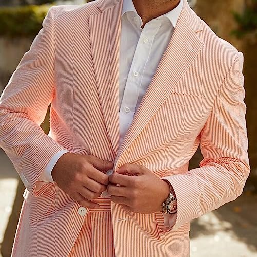 HZUOU Striped Seersucker Men Suits Cotton Summer Beach Wedding Tuxedos 2 Pieces Notch Lapel Suits for Men HZH212