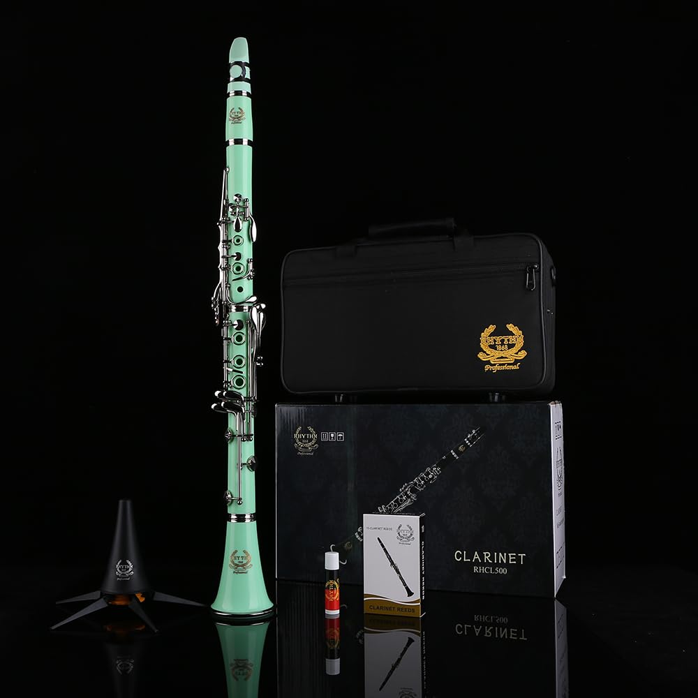 Rhythm Clarinete Bb con 17 teclas de níquel, banda de viento de madera e instrumentos musicales de orquesta para principiantes, incluye funda, soporte, 10 cañas y kit de limpieza, color verde