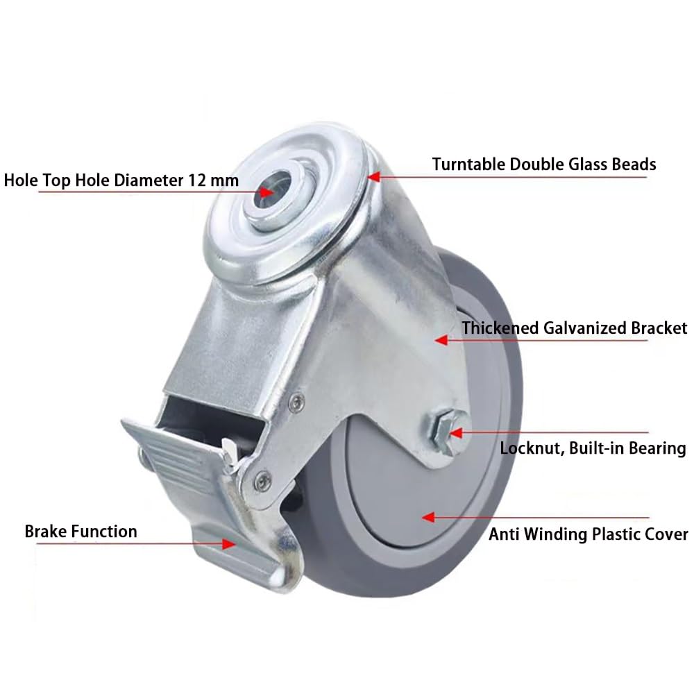 3/4/5 Pollice Ruote in Gomma Silenziose, 4 Pezzi Ruote Pivottanti con Freni, 12 MM Foro Superiore Universale Ruote per Carrelli, Industriali, Möbel(Swivel,3 inch)