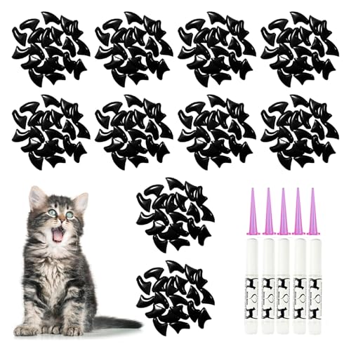 MiiOUU 100 pcs Cat Nail Caps | Cat Claw Covers with Adhesives and Applicators | Black (XS)