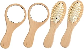 GALPADA 4-Piece Portable Travel Hair Brush and Mirror Set Mini Handheld Vanity Mirror Wooden Massage Comb for Men and Women for Quick Grooming