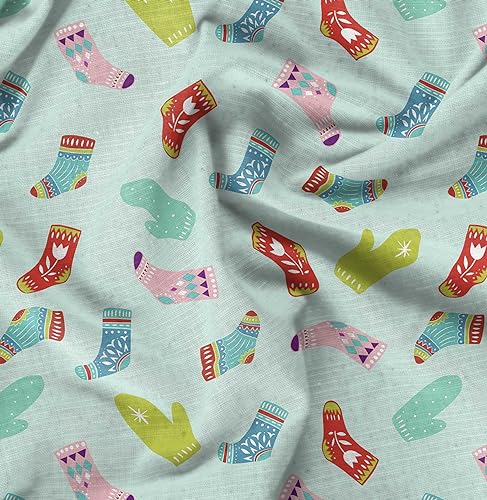 Image of Soimoi Green Heavy Satin Fabric Socks & Gloves Folk Art Print Fabric by Meter 54 Inch Wide