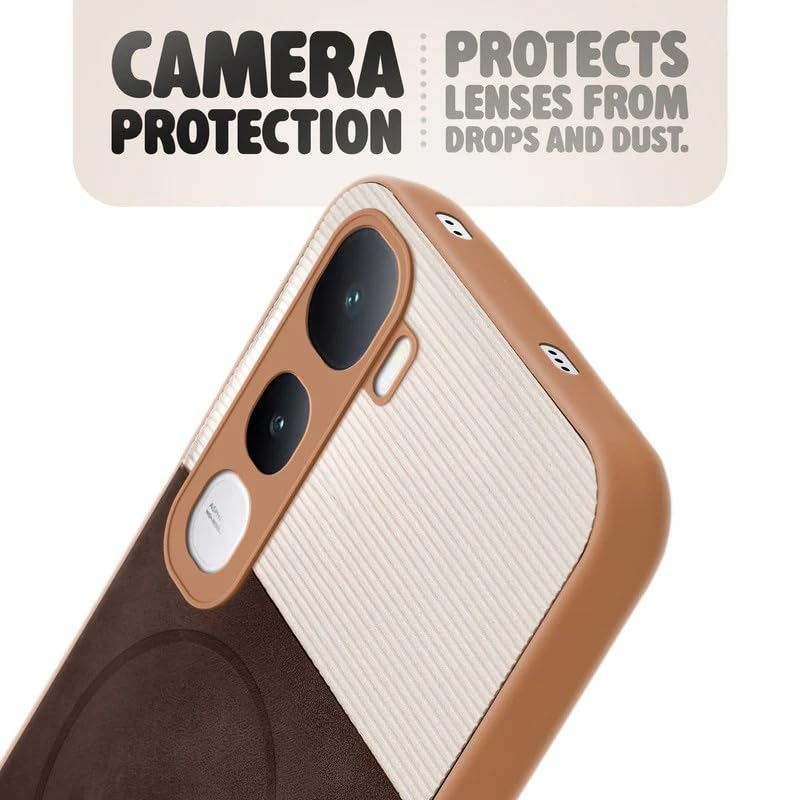 Image of Bintage case Dual-Leather Macc-Safe Design Phone Case| Soft Touch Finish | Full Camera Protectection Back Cover Compatible for Vivo V2506 / Vivo Y400 5G - White & Choco Brown
