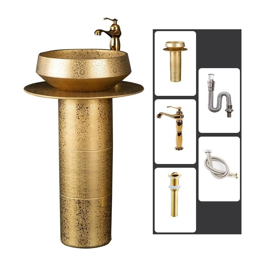 Lavabo de baño Fregadero de pedestal dorado de lujo, lavabo de columna de baño de 3 piezas, lavabo de tocador de baño de pie combinado con grifo, desagüe y espejo Lavabo de pedestal para baño(C)