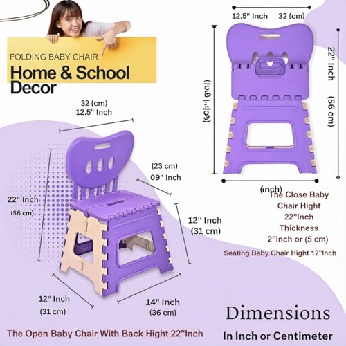 Image of A to Z Hub Folding Plastic Chair with Backrest for Kids & Adults | Portable, Lightweight, Durable Step Stool Seat | Space Saving, Easy to Carry, Indoor Outdoor Multipurpose Chair Brown (Purple)