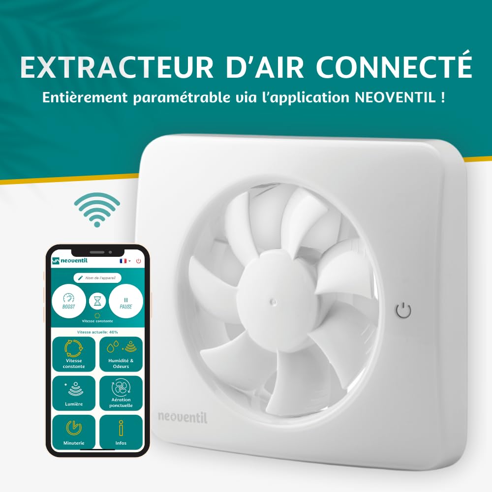 KELIS - Extracteur d'air intelligent connecté pour Salle de Bain, WC et Cuisine - Détection Humidité, Lumière et Odeurs avec Minuterie Intégrée - Fonctionnement ponctuel ou continu