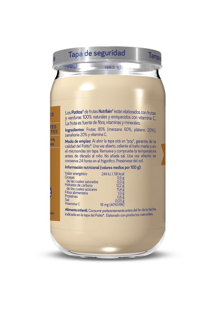 Nutribén Potitos | Tarrito de Manzana Platano y Zanahoria | Para Bebés a partir de 6 Meses | Sin Almidones | Sin Gluten |Pack de 6 x 235g