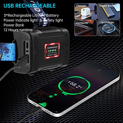 LED-Rechargeable-Headlamp-Headlight-90000-Lumens-Super-Bright-with-6-Modes-IPX5-Warning-Light-Motion-Sensor-Adjustable-Headband-Head-Lamp-60-for-Adult-Outdoor-Camping-Running-Cycling