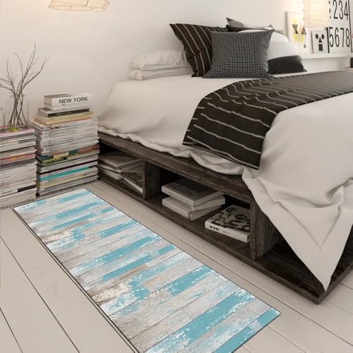 Alfombra de pasillo de cocina lavable en tonos gris y azul 3D 3