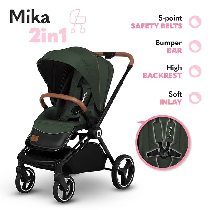 LIONELO Mika 2in1 Kombikinderwagen. Babywanne, Kinderwagen, Buggy. Regenschutz, Schultergurt zum Transport, Matratze, Moskitonetz, Fußabdeckung, wasserdichtes Material, Gummiräder (GREEN FOREST)