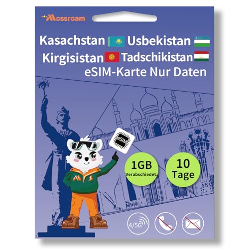 Prepaid-eSIM-Karte für Kasachstan, Kirgisistan, Tadschikistan und Usbekistan, QR-Code, 1 GB 4/5G, tägliches LTE-Highspeed-Datenvolumen für 10 Tage mit Hotspot