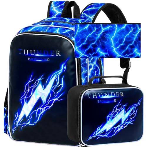 Image of 3Pcs Backpack for Boys, Lightning Kids Bookbag with Lunch Box, 17 inch School Backpacks for Elementary Preschool Kindergarten (Blue)