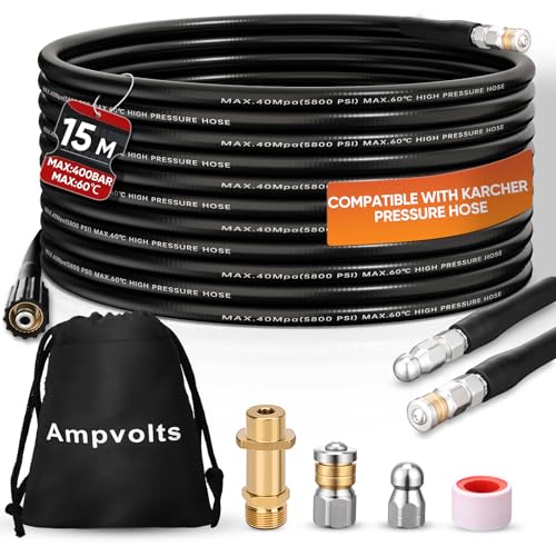 Ampvolts Manguera de limpieza de tuberías de 15 m con adaptador de latón – 400 Bar/5800 PSI, compatible con limpiadoras a presión Karcher K2 K3 K4 K5 K6 K7, para desatascar desagües