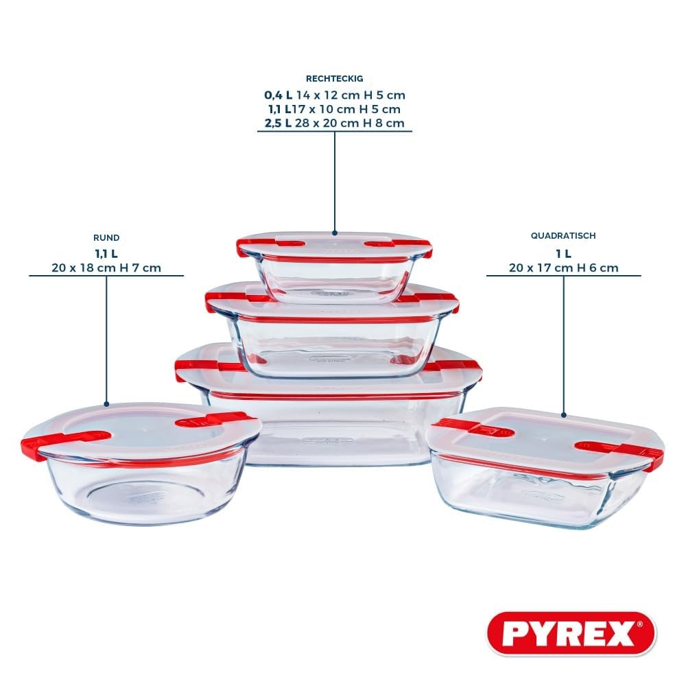 Pyrex® - Cook & Heat - 5 Stück Glasschalen mit luftdichten Deckeln, mikrowellengeeignet, BPA-frei