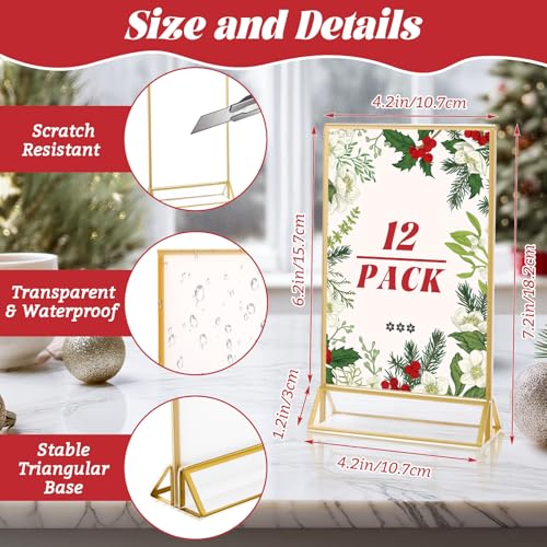 LISHINE 12 Pack Acrylic Sign Holder 4 x 6 Gold Picture Frames, Double Sided Flyer Display Holder Menu Holder, Acrylic Frames for Wedding Table Number