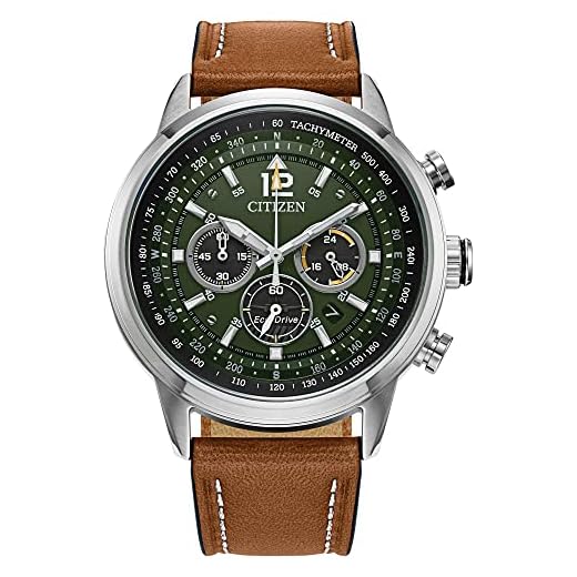 Citizen Men's Eco-Drive Weekender Sport Chronograph Watch in Brown Leather Strap, Green Dial, 44mm (Model: CA4477-08X)