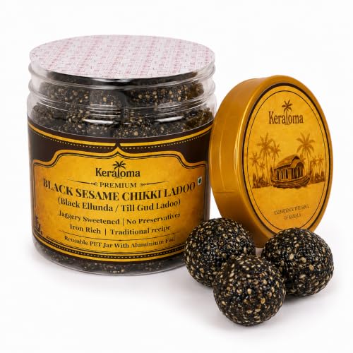 Image of Keraloma Premium Black Sesame Chikki Ladoo 150g (Karutha Ellunda) | Til Gud Ladoo | Jaggery Laddu | Traditional Healthy Indian Sweet Snack | Rich in Calcium & Iron | Source of Plant-Based Protein | Naturally Sweetened with Jaggery | No Preservatives or Added Colours | Handmade Traditional Recipe | Reusable PET Jar for Prestige Gifting