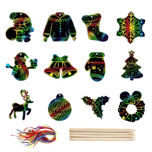 Hopton 48 Stück Weihnachten Kratzbilder für Kinder, Weihnachten Kratzpapier Regenbogen Kratzbilder mit Holzstiften und 48 Bändern - für Weihnachtsbaum Deko Kinder Party Geschenk (12 Mustern)