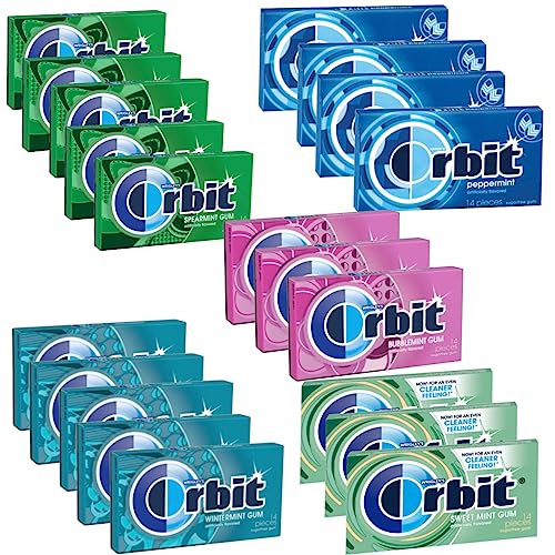 Bulk Pack of 20 ORBIT Gum Variety - Spearmint, Wintermint, Peppermint, Sweet Mint, and Bubblemint Flavors - 14 Pieces Each, Sugar-Free Chewing Gum