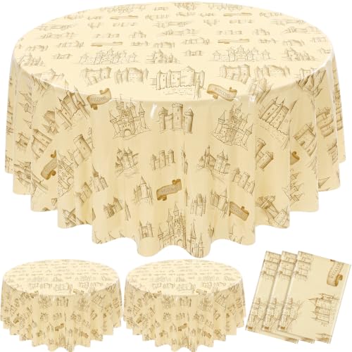 Image of Hahafelt 3 Pcs Magical Wizard Plastic Tablecloth 84 Inch Round Disposable Wizards Themed Halloween Table Cloth Magical Vintage Castle Circular Table Cover for Halloween Witch Birthday Party Supplies