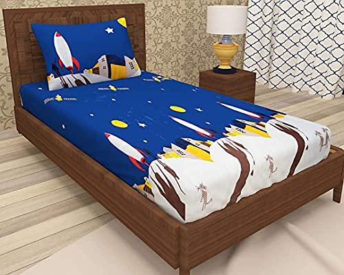 Image of Glace Cotton Single Bed Bedsheet | Bedsheet for Kids with 1 Pillow Covers | All Round Elastic Fitted 180TC Bedsheet, Blue (72x48x Upto 6 Inches)