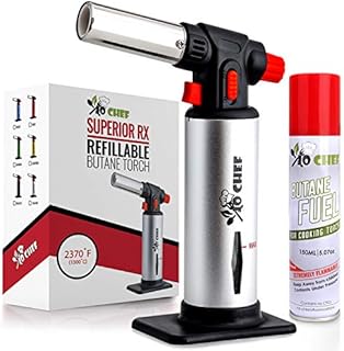Kitchen Torch, blow torch - Refillable Butane Torch With Safety Lock & Adjustable Flame + Fuel gauge - Culinary Torch, Creme Brulee Torch for Cooking Food, Baking, BBQ + FREE E-book, 1 Can Included