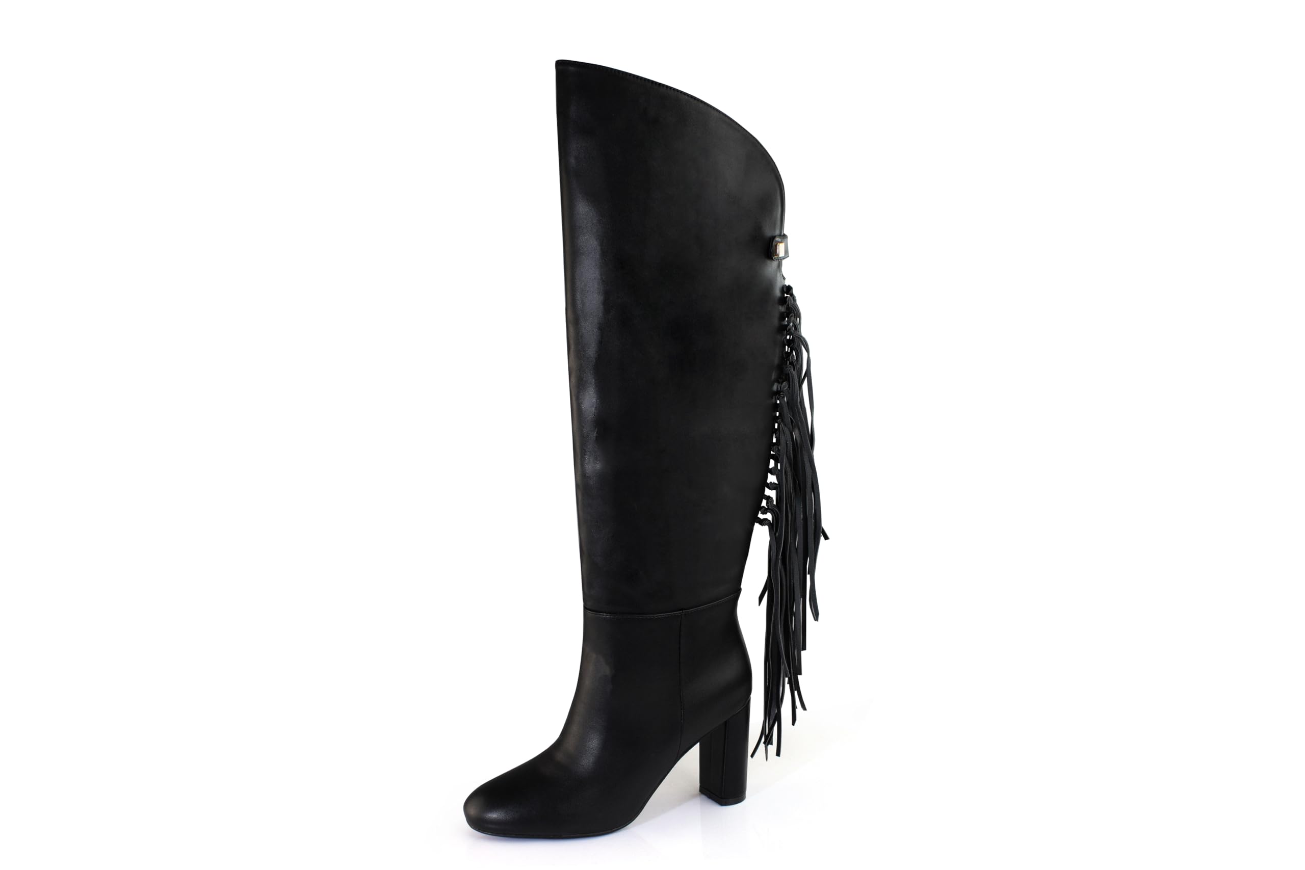 iadore Womens High Heel Fringe Boots Round Toe Fashion Knee High Boots with Tassels Chunky Block Heel Pull