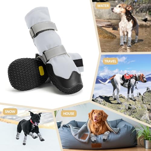 OHCOZZY Anti-Rutsch Hundeschuhe mit reflektierenden Riemen wasserdicht, verschleißfeste Leder Gummisohle Hundeschuhe Pfotenschutz fürkleine, mittlere und große Hunde 4 Stück(Größe M, Grau)