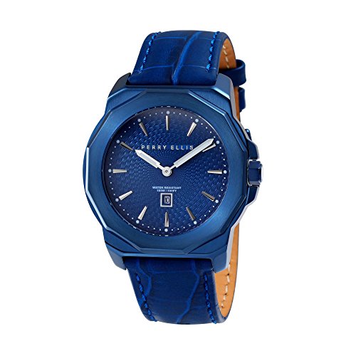 Perry Ellis Mens Watch Decagon Quartz Luminous Watch with Genuine Leather Band Waterproof Blue Dial Men 08006-01