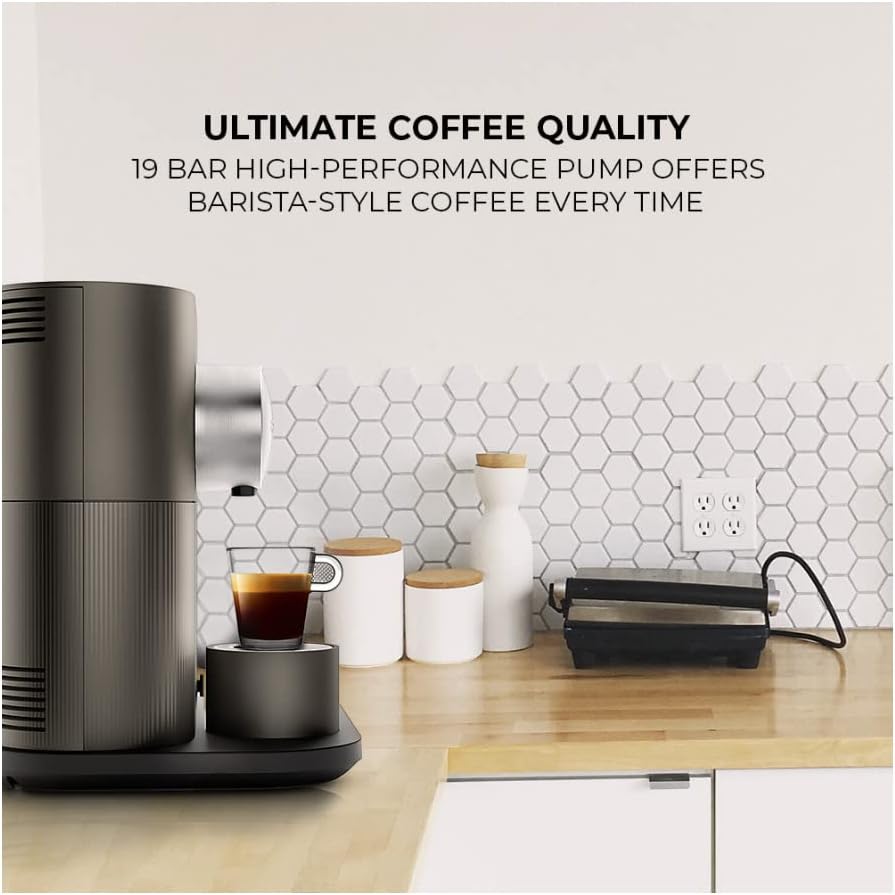 Lado view of Nespresso Expert Espresso Machine, highlighting the 19 bar high-performance pump for ultimate coffee quality