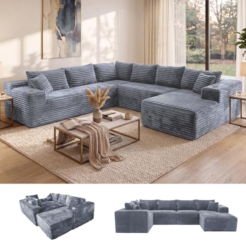 Image of Oversized Cloud Sectional Couches for Living Room, 122 inch U-Shaped 7 Seater Sofa Modular Boneless Couch with Chaise | Deep Seater | Cup Holder | Side Pocket | No-Assembly | Plus Corduroy, Light Gray