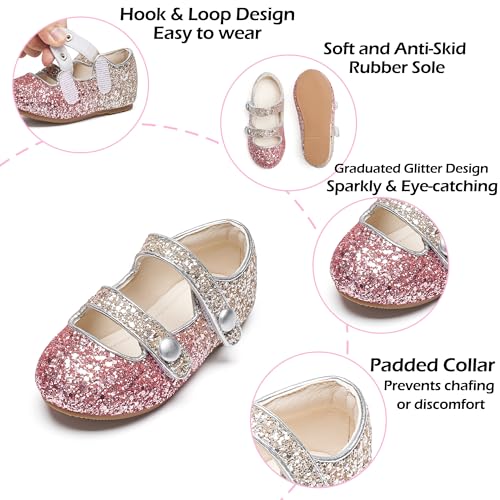 Image of PHIRAMIN Toddler Flower Girl Glitter Dress Shoes Little Girl Ballet Flats Bow Wedding Party