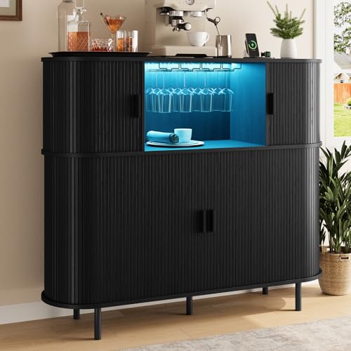 ONBRILL 55" Fluted Wine Bar Cabinet with LED Lights, Coffee Bar Cabinet with Power Outlet, Modern Liquor Whiskey Cabinets with Wine Rack and Glass Holder, Home Bar for Living Room Kitchen