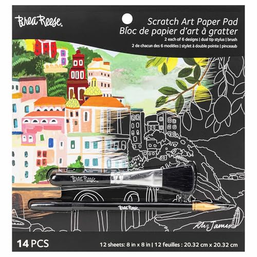 Brea Reese: Scratch Art Paper Pad - Joyful Landscapes - 6 Designs, Metallic Guided Art, Dual-Tip Stylus & Brush, 12 Easy-to-Frame 8x8 pgs, Adult Craft