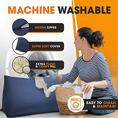 Cheer Collection Wedge Pillow For Sleeping, Headboard Pillow For Reading, And Watching With Soft Velour Cover - Long Bolster Pillow For Back Support, 36" X 12" X 18", Navy Blue #TOP6