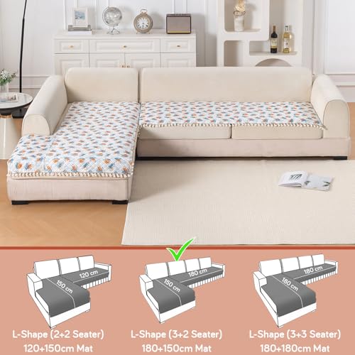 Image of HOKIPO Abstract Petals L Shape (3+2 Seater) Sofa Seat Mat with Tassel| Quilted Sofa Cover Mat, 'Tassel Twigs' Series (IN-984-T10 + IN-986-T10)
