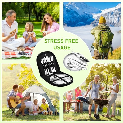 Camping Geschirr Set 2 Personen 14-teilig, Picknick Set, Edelstahl Outdoor Geschirr für Outdoor, Camping, Picknick, Grillen und Wandern