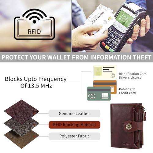 Image of HKCLUF Wallet Women Small Genuine Leather Bifold Wallet Womens RFID Blocking Small Wallet for Women Card Holder Purse With ID Window(darkkhaki)