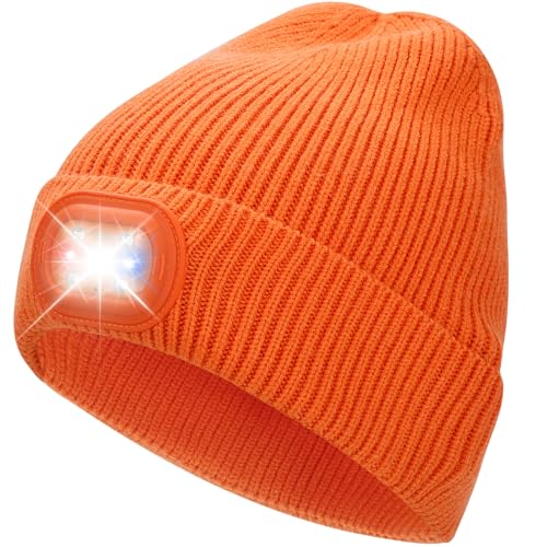 OKKLE Unisex LED Beanie with Light, USB Rechargeable Headlamp Hat, Winter Gifts for Men Women Husband Him Orange