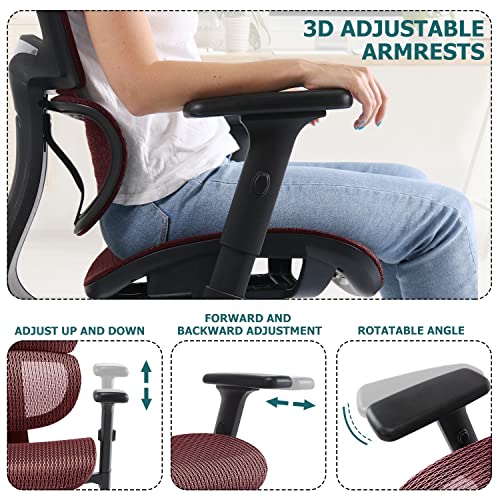 Smug Ergonomic Office High Back Computer, Mesh Home Desk Lumbar Support, Tilt And Lock, Comfy Rolling Executive Swivel Task Chair With 3D Adjustable Headrest And Armrests, Red #TOP6