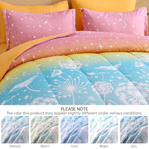 Image of Dinjoy Girls Comforter Set 5 Pieces, Twin Size Colorful Ombre Rainbow Bedding Set, Bed in A Bag for Kid Teen Girls (1 Comforter, 1 Flat Sheet, 1 Fitted Sheet, 1 Pillow Shams, 1 Pillowcases)