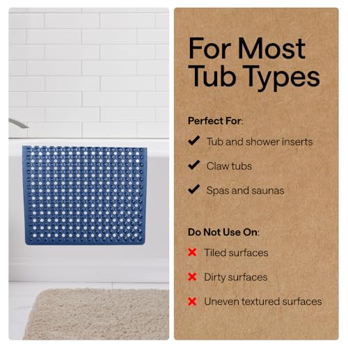 Image of GORILLA GRIP Patented Bath Tub Shower Mat, Machine Washable Bathtub Floor Liner Mats, Suction Cups and Drain Holes to Keep Tubs Clean, Soft on Feet, Bathroom Essentials, 35x16 Inch, Clear Navy