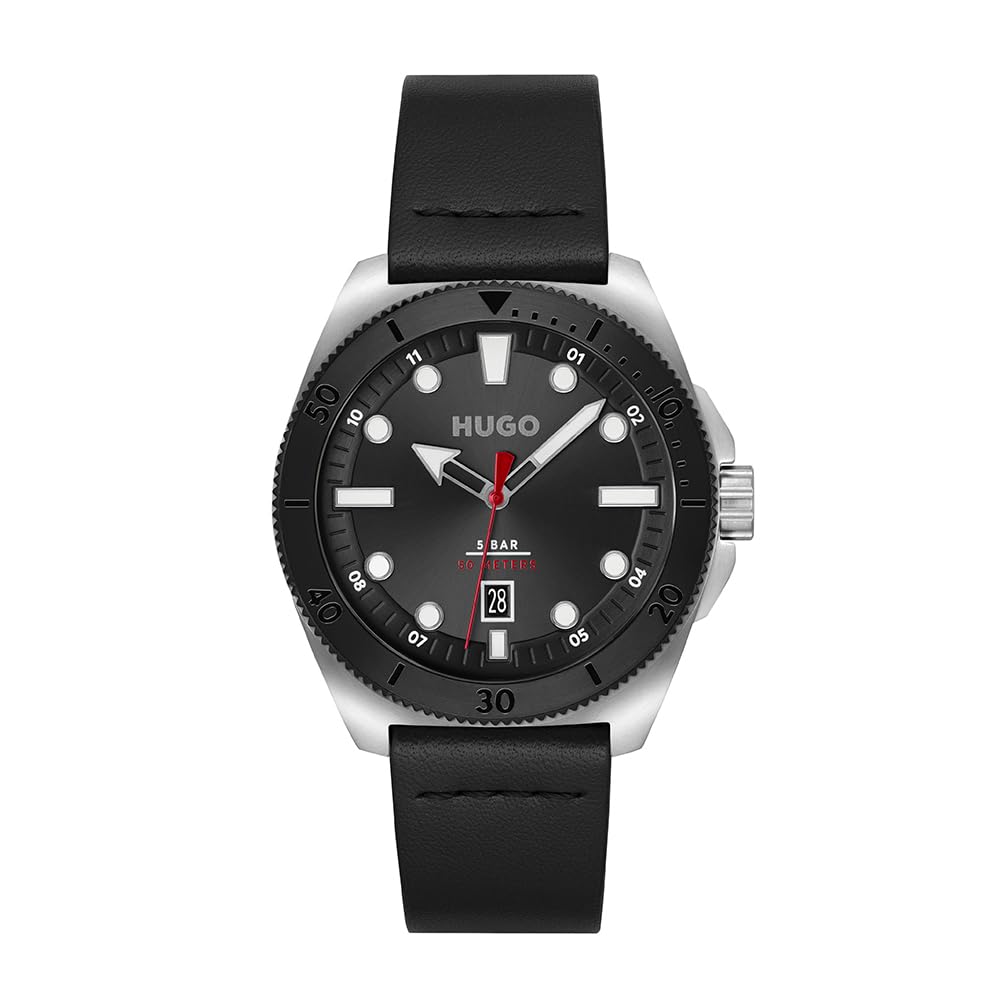 HUGO Analogue Quartz Watch for Men #Visit Collection with Black Leather Strap - 1530301